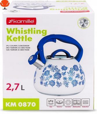 Чайник індукційний Kamille Blue Rose 2.7л із нержавіючої сталі зі свистком