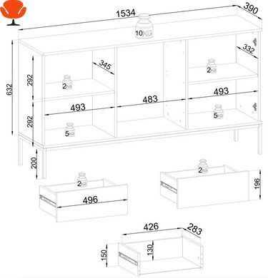 Комод с подсветкой Perfect Home Sento KSZ154 2-дверный, 3 ящика, Черный/дуб один (PFH-091487)