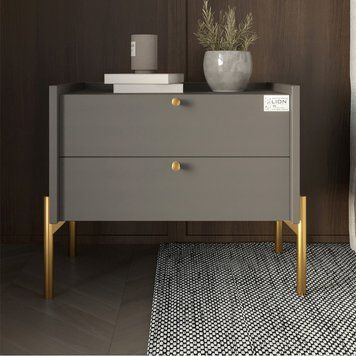 Тумба приліжкова LION Wood з двома шухлядами Антрацит (золоті ножки) (LION-041334) ТОП
